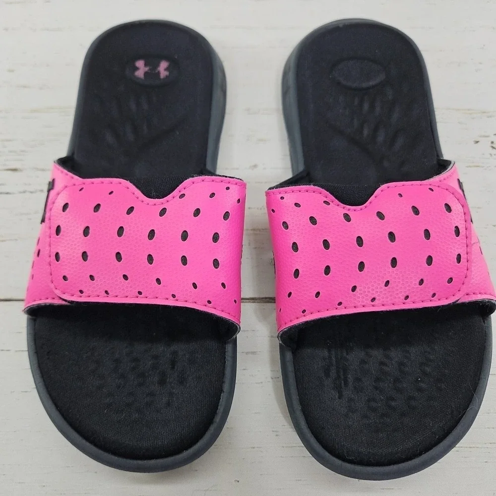 Under Armour Ignite Pro Slides Girls‎ 13K Black Pink Adjustable Strap 3026039